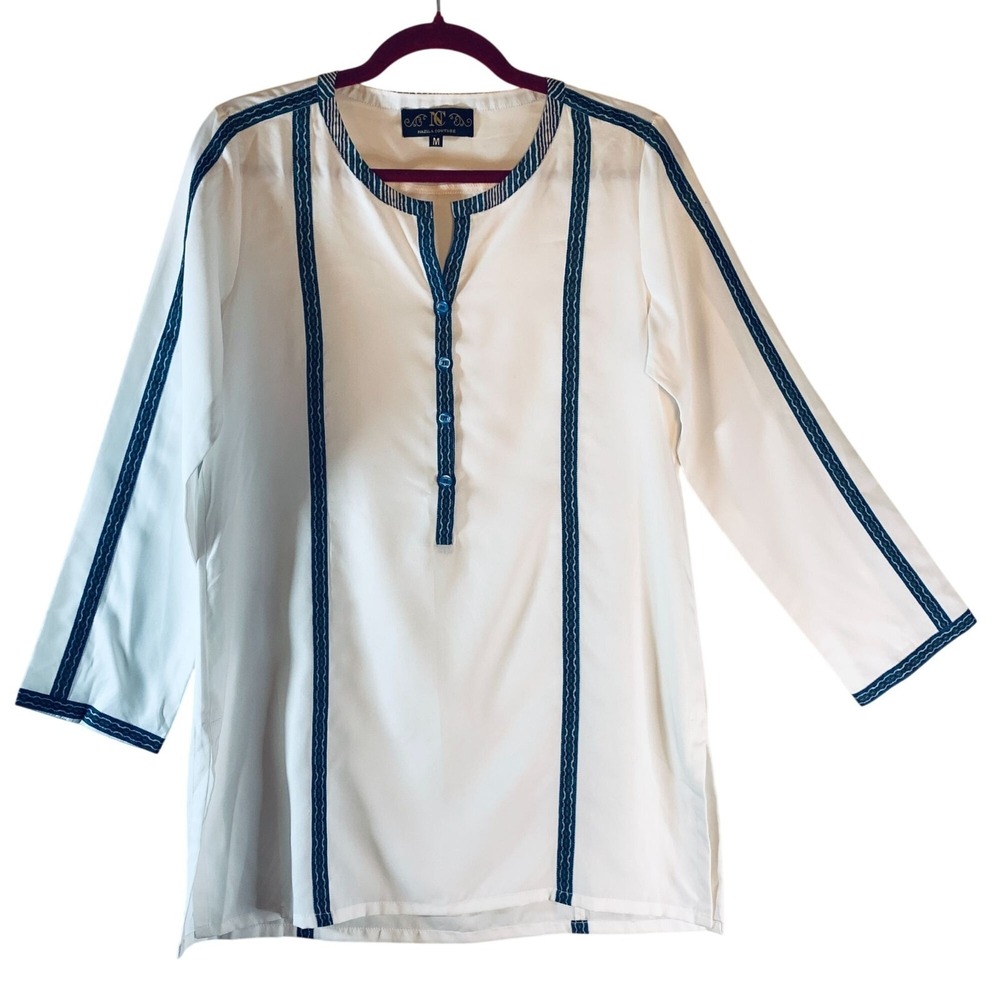 Nazila Couture Unisex size M White Blue Embroidered Button-Up Tunic Shirt NWD